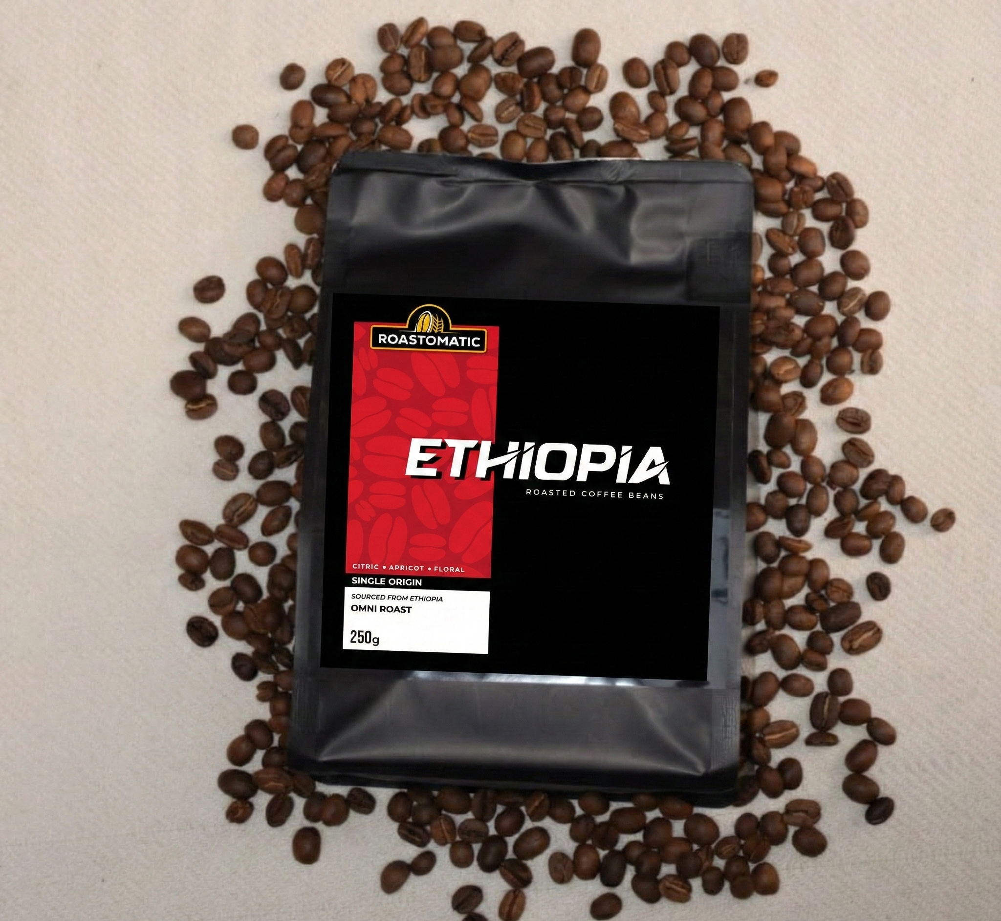 Roastomatic Ethiopia single origin coffee beans in 250g black coffee bag.
