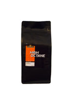 Black bag of 'High Octane' coffee with an orange label on a white background from Roastomatic